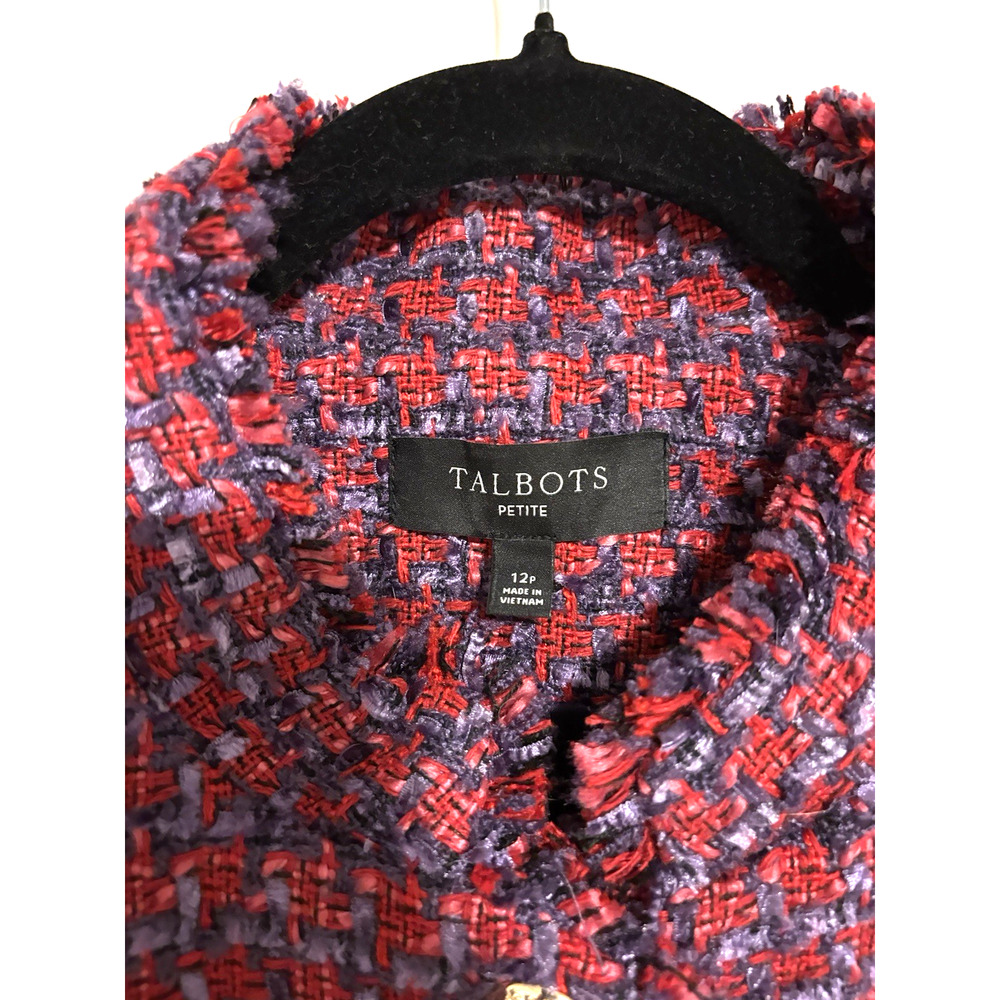 Talbots Blazer Jacke 12 Petite Red Blue Tweed Gold Buttons Cropped Women Elegant - Picture 3 of 9